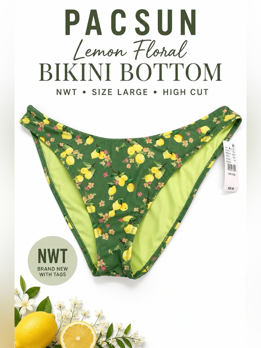 NWT PacSun Lemon Floral Bikini Bottom Size Large Green High Cut Swim Bottom Trop - Picture 1 of 5